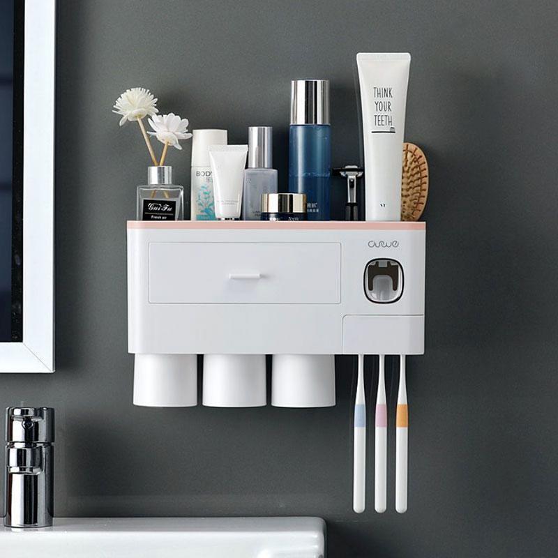 Bathroom Accessories Organizer Set Toothbrush Holder Automatic Toothpaste Dispenser Holder Toothbrush Wall Mount Rack Tools Set with Cup