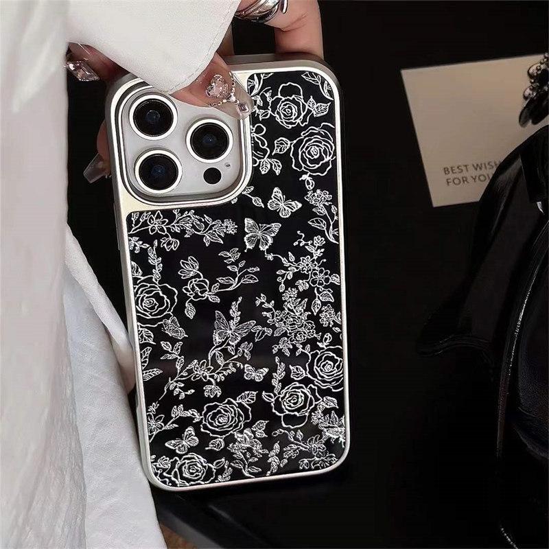 Luxury Electroplated Silver Frame Art Butterfly Flower Case for iPhone 16 Pro Max 15 14 Plus 13 12 Pro 11 Acrylic fall protection Cover