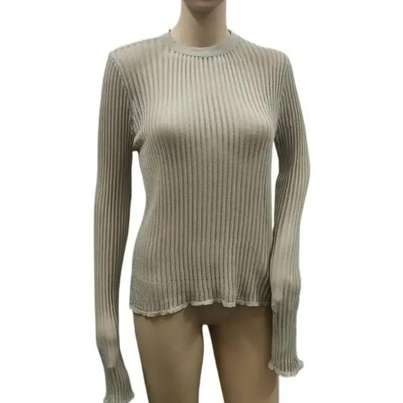 Frühling Sommer Gestrickte Pullover Frauen Dünne Atmungsaktive Langarm Koreanische T Shirt Weibliche Perspektive Strickwaren Tops Elegante 30405
