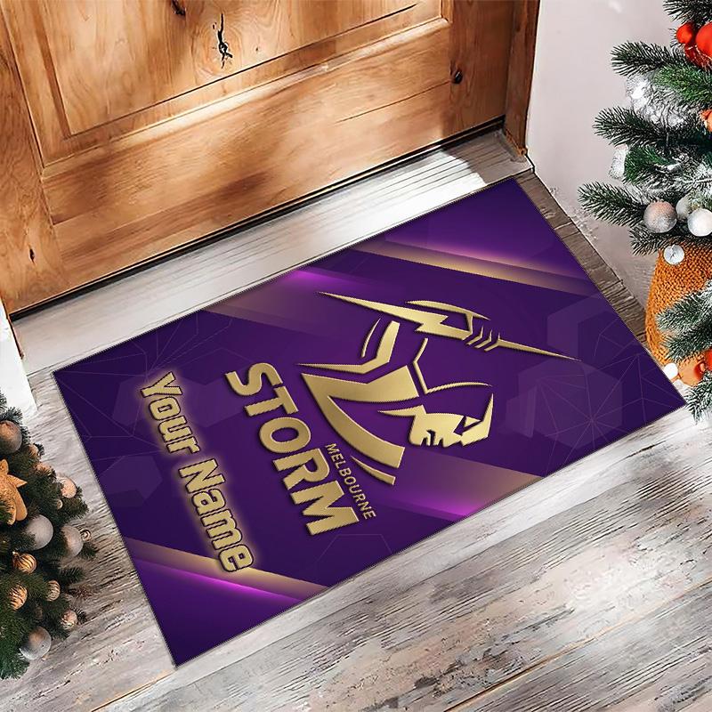 Melbourne Storm Crystal Velvet Rug, Custom Name Text Personalized Non‑Slip Floor Mat for Home Decor Gift