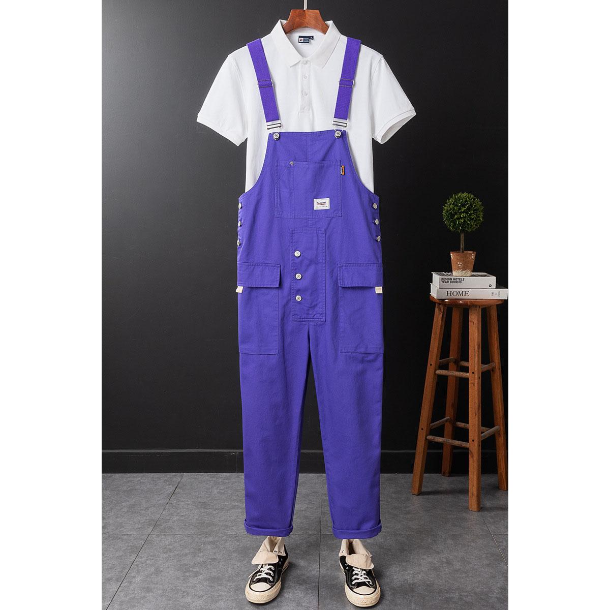 

Модный мужской комбинезон, брюки-комбинезон, однотонные спортивные штаны с карманами, уличная одежда, свободные хлопковые ремни, мужские комбинезоны-карго, комбинезоны на подтяжках S фиолетовый