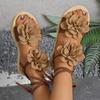 Fashion New 2025 Large-sized Ankle Lace-up Flower-shaped Sandals for Women, Fashionable Woven Strap Beach Flip-flops for Women Shoes