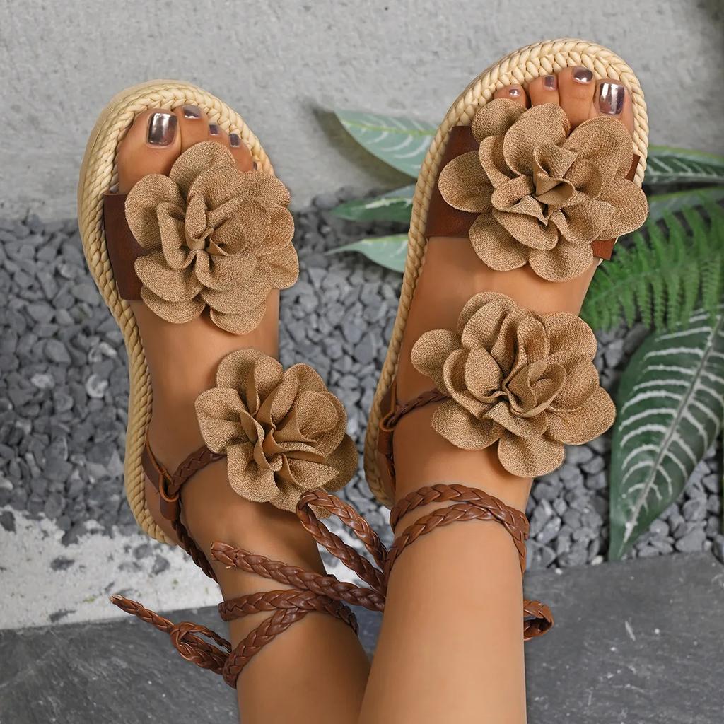 Fashion New 2025 Large-sized Ankle Lace-up Flower-shaped Sandals for Women, Fashionable Woven Strap Beach Flip-flops for Women Shoes