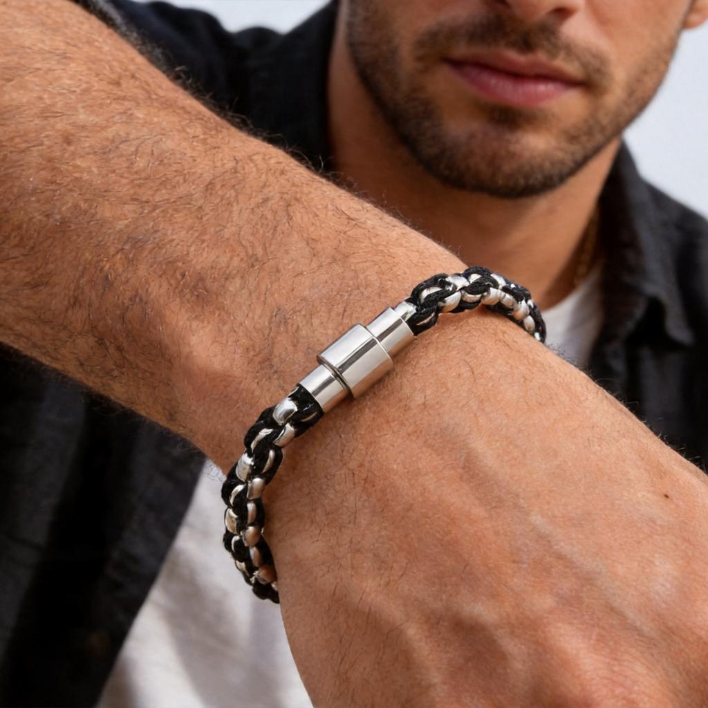 New Box Chain Bracelet for Men,Stainless Steel Black Nylon Rope Wrapped Chain Wristband,Hip Hop Punk Father's Day Gift
