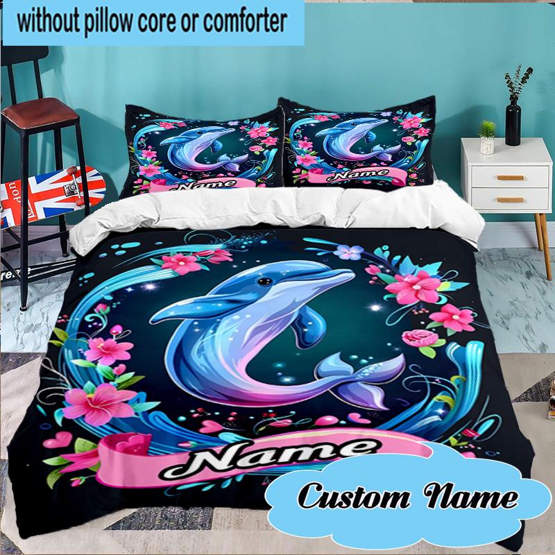Custom Name 3PCS Love Dolphins Heart Bedding Set Including 1pc Duvet Cover And 2pcs Pillowcases for Bedroom, Dormitory Gift Home Decor