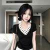 Design Sense Black Front Shoulder Fake Two Short-sleeved T-shirt Women's Summer Wear Polka Dot Korean Pure Desire Style Beautiful Top