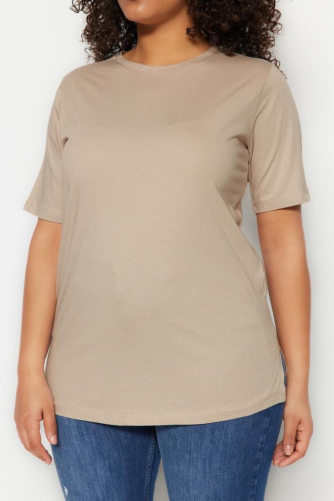 Damen Stil Übergröße Nerz Petrol Boyfriend Rundhals Schlitz Strick T-Shirt