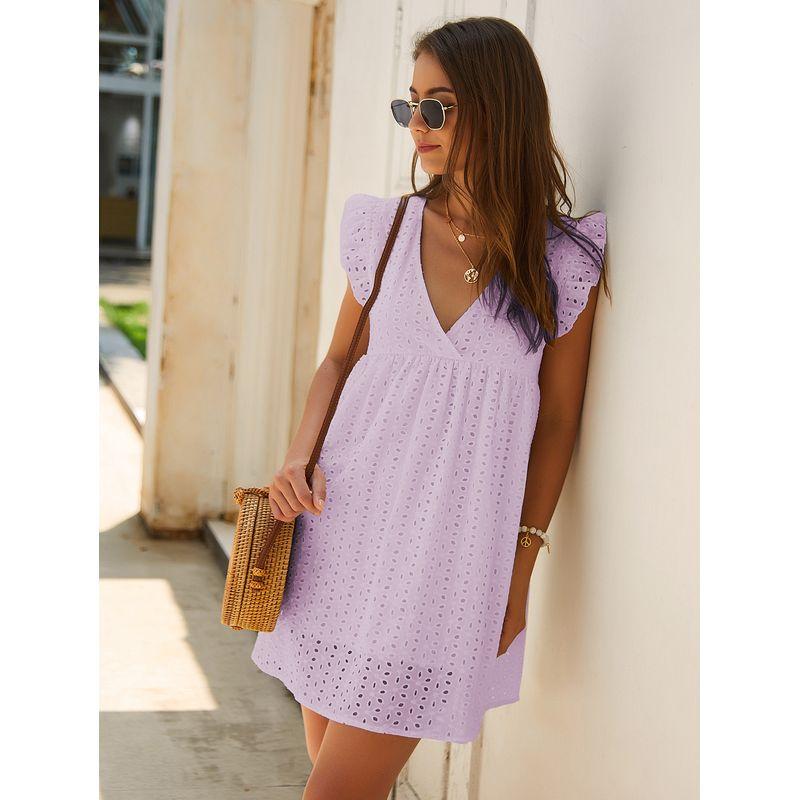 

Japanese Style Sweet Summer V Neck Candy Color Lace Jacquard Cut Out Sleeveless Dress Girl s Dress with Lining Dress Purple M