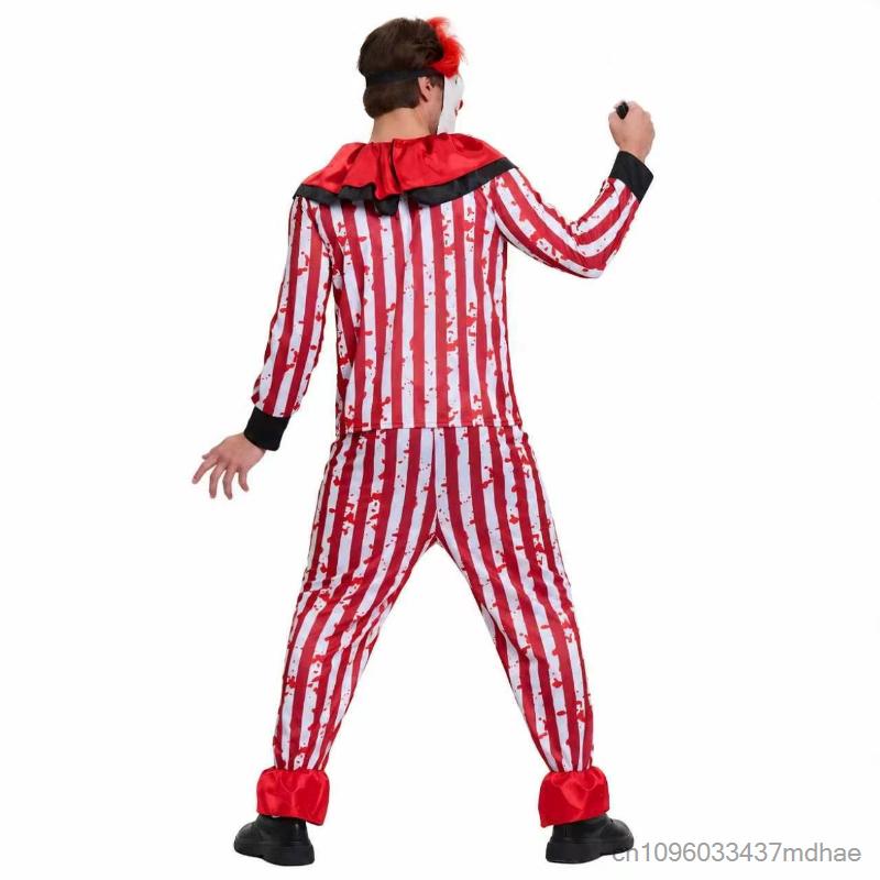 Halloweenský děsivý klaunský kostým pro muže a ženy Červeno-bílý pruhovaný krvavý top s volánkovým límcem Kostým pro dospělé na cirkusové cosplay párty