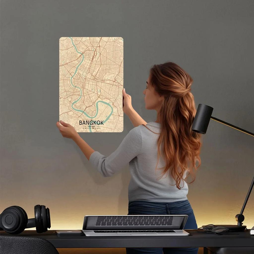 Bangkok Vintage Karta Affisch Karta Metallskylt Modern Heminredning Vardagsrum Anpassade Tennskyltar för Väggkonst Dekoration Man Cave
