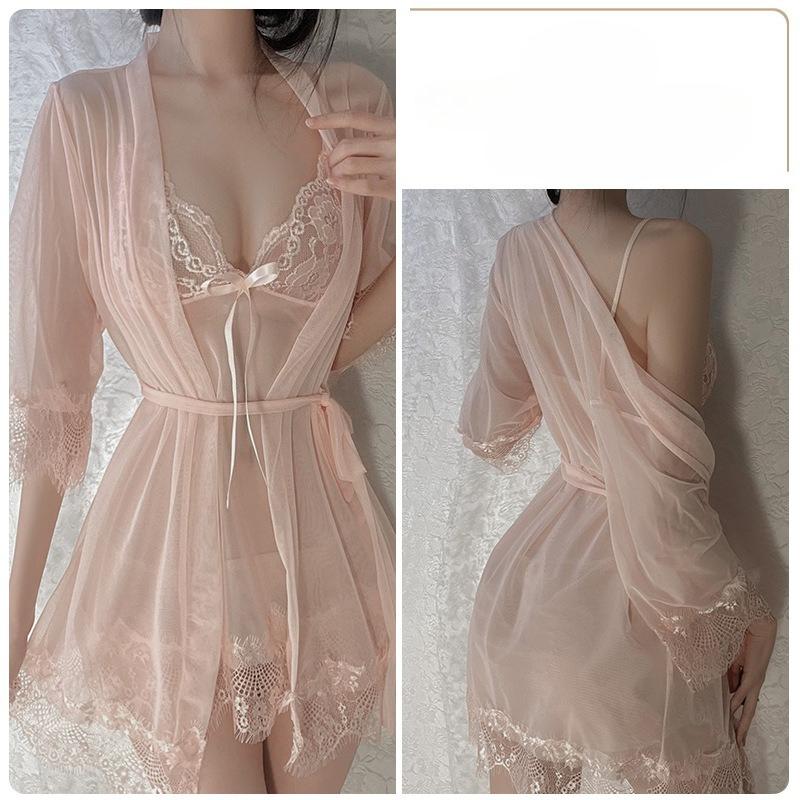 Set Lenjerie de Noapte Sexy Transparentă din Plasă pentru Femei Dulce Rochie Cami cu Fundiță din Dantelă cu Halat și Tanga