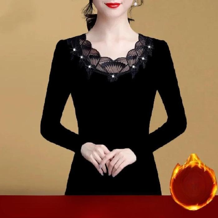 Облегающая рубашка из плюшевого бархата с утолщенной основой для женщин на осень и зиму, футболка с длинными рукавами и кружевной отделкой с ромбовидной инкрустацией для женщин, теплые топы