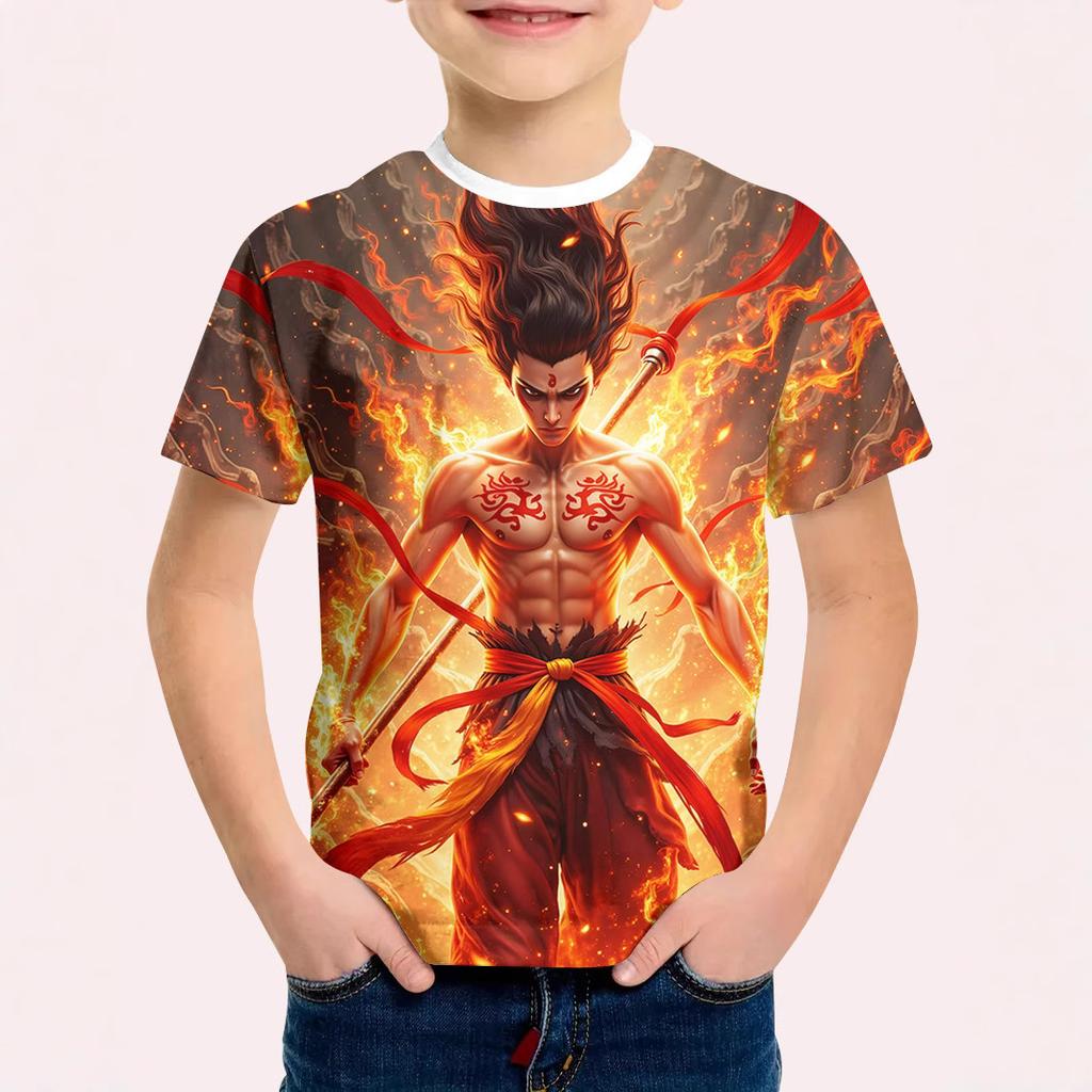 Summer Round Neck Animated Character Nezha 3D Printed Top Fashionable Casual Short Sleeved Children's Boy T-shirts