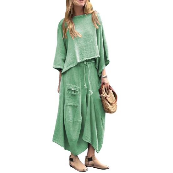 2 Pcs/Set Women Top Skirt Suit Round Neck Three Quarter Sleeve Slant Hem