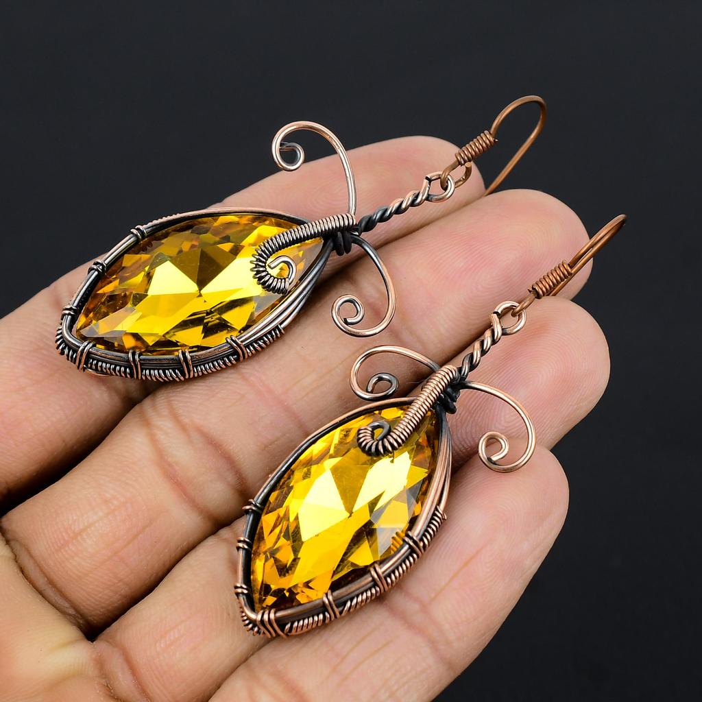 Citrine & Mystic Topaz Earrings, 999 Copper Wire Wrapped Gemstone Jewelry, Handmade Earrings, For Thanksgiving