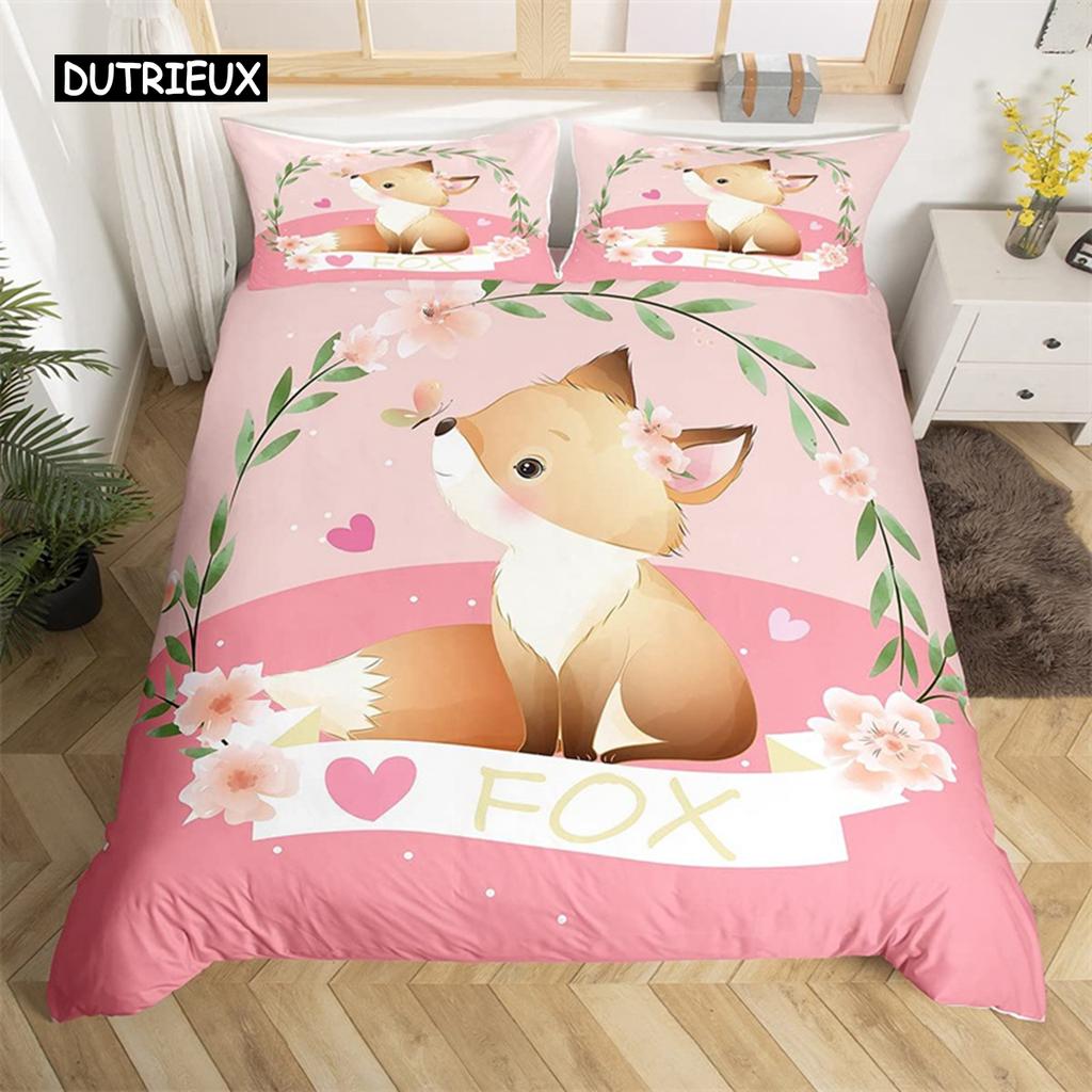 Flickor Tecknad Räv Påslakan Kawaii Djur Täcke Överdrag Mikrofiber Skogsdjur Sängkläder Set Twin Queen För Barn Vuxen