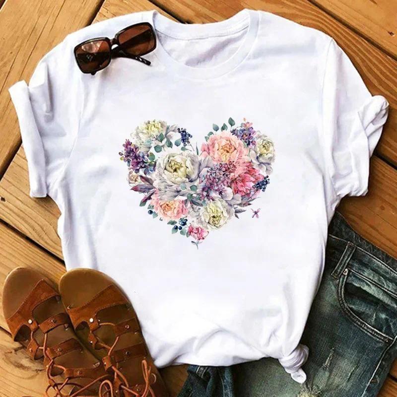 T-shirt Women Neck T-shirt Women T Shirt Love Flower Half Sleeve Cartoon White Letter Aesthetic Clothes