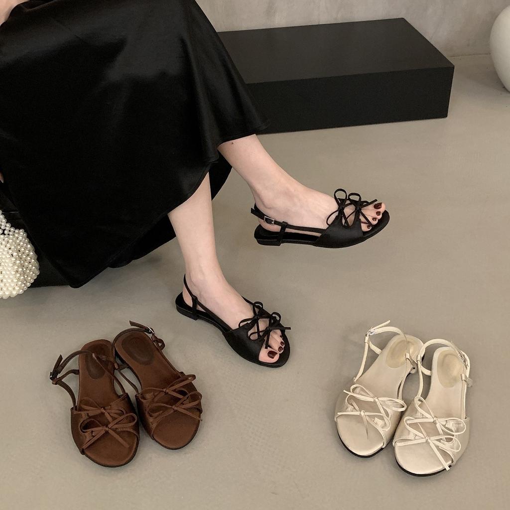 French satin bow open-toed flat sandals 2025 summer new round head outer wear flat heel cool slippers