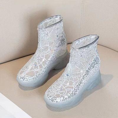 Platform Shoes 2024 Summer New Sequin Elevated Mesh Shoes for Women's Casual Back Zipper Breathable Mesh Cool Boots for Women