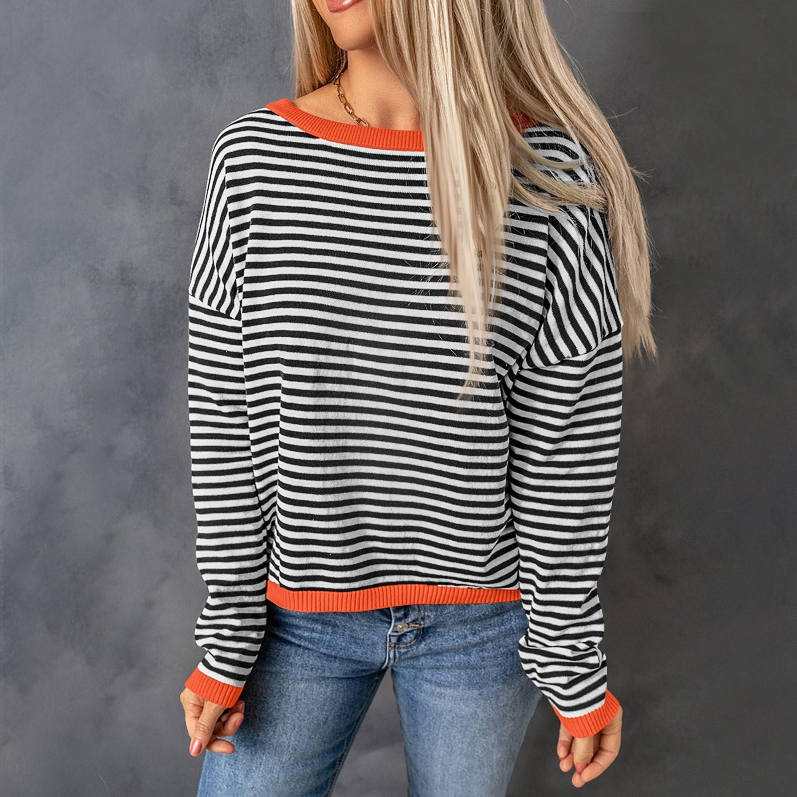 

Женский свитер с открытыми плечами в контрастную полоску, свободная и универсальная блузка с длинными рукавами L чёрный