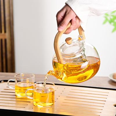 Bambu ve Ahşap Saplı Çaydanlık Borosilikat Cam Çay Fincanı Seti ve Açık Alev Çay ve Su Ayırma Özelliğine Sahip