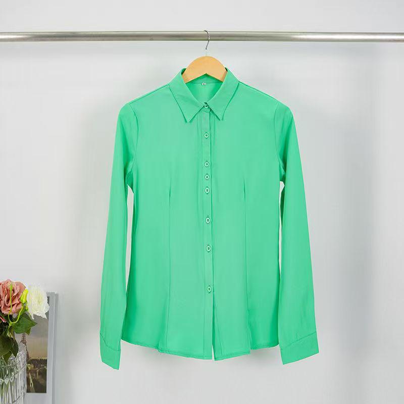 

2024 Новая Мода Женская Блузка с Длинным Рукавом Облегающего Кроя - Однотонная, Универсальный Отложной Воротник S