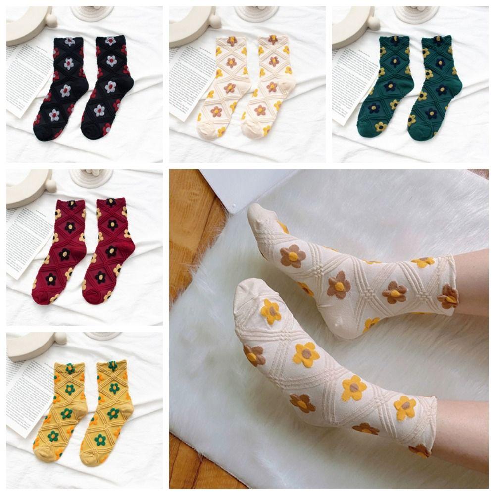 5Pairs Embroidery Women Cotton Socks Sweet Autumn Flower Socks Mid Tube Socks Girls  Autumn Winter