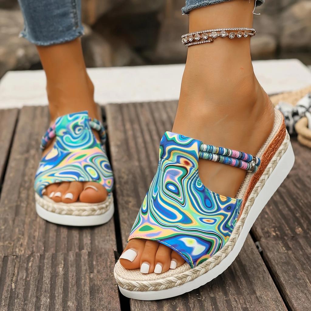 Fashion Rainbow Graffiti Wedge Heels Sandals for Women Summer 2025 Peep Toe Platform Sandals Woman Buckle Strap Thick Bottom Beach Shoes