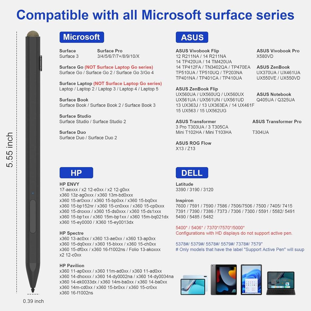 Stylus Pen for Microsoft Surface with 4096 Pressure, Eraser & Right-Click, Palm Rejection, 3 Replaceable Nib, for Surface Pro
