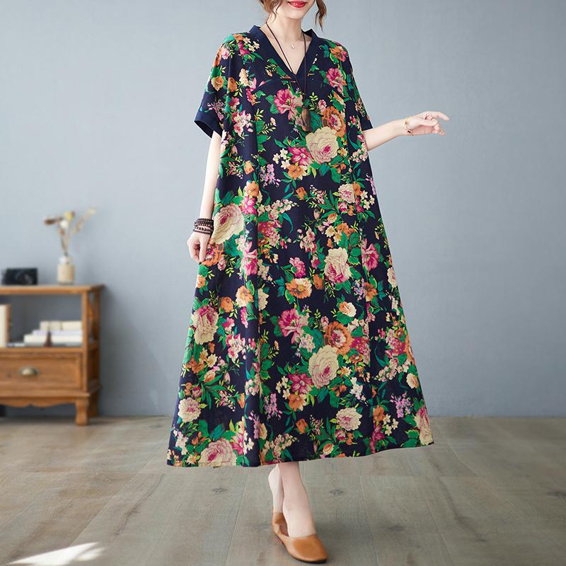 

Летнее свободное платье большого размера с v-образным вырезом, хлопковое и льняное тонкое платье с короткими рукавами, женская темпераментная длинная юбка One Size