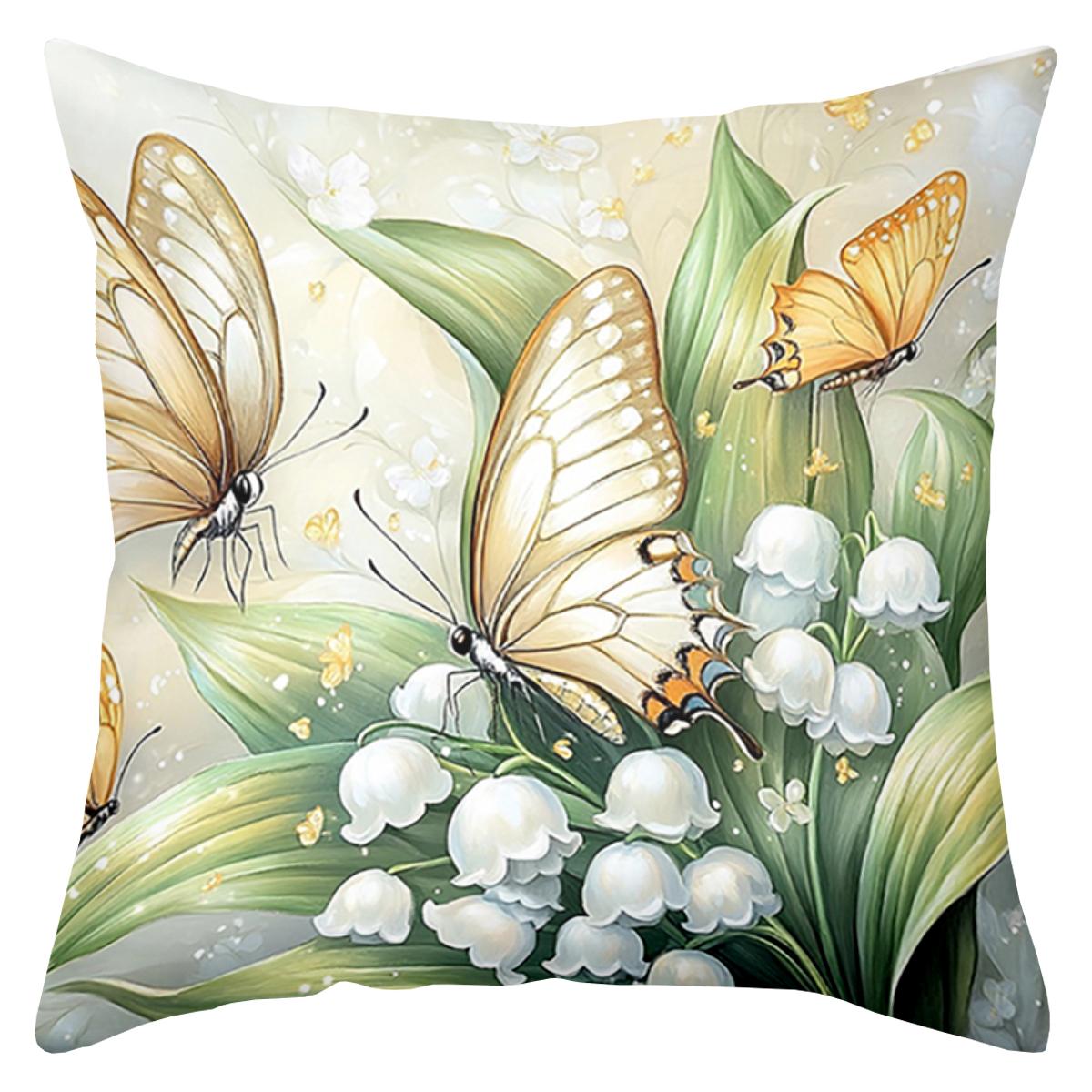 

2D Flat Printing Lily of The Valley and Butterfly Pattern Cushions Polyester Pillowcase Sofa Decorative Cushion Cover 45x45cm