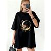 Oversized T Shirt Black Moon Mushroom And Stars Print For Casual Wear