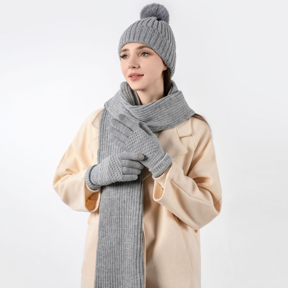3Pcs/Set Warm Knitted Hat Soft Touchscreen Gloves Gift Beanie Cap Scarf  for Men Women