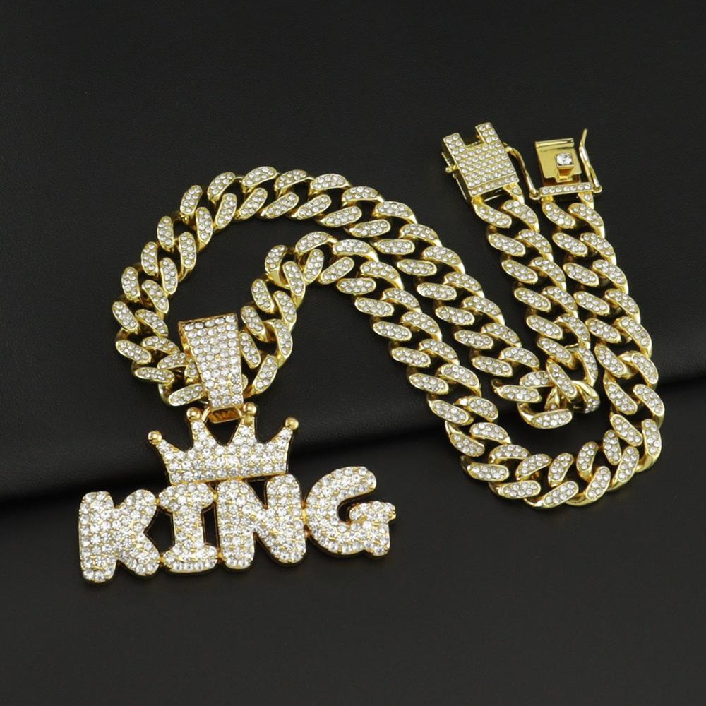 Hip Hop Crown with KING Letter Pendant Necklace For Men Crystal Cuban Chain Iced Out Bling Hiphop Necklaces Rock Biker Jewelry