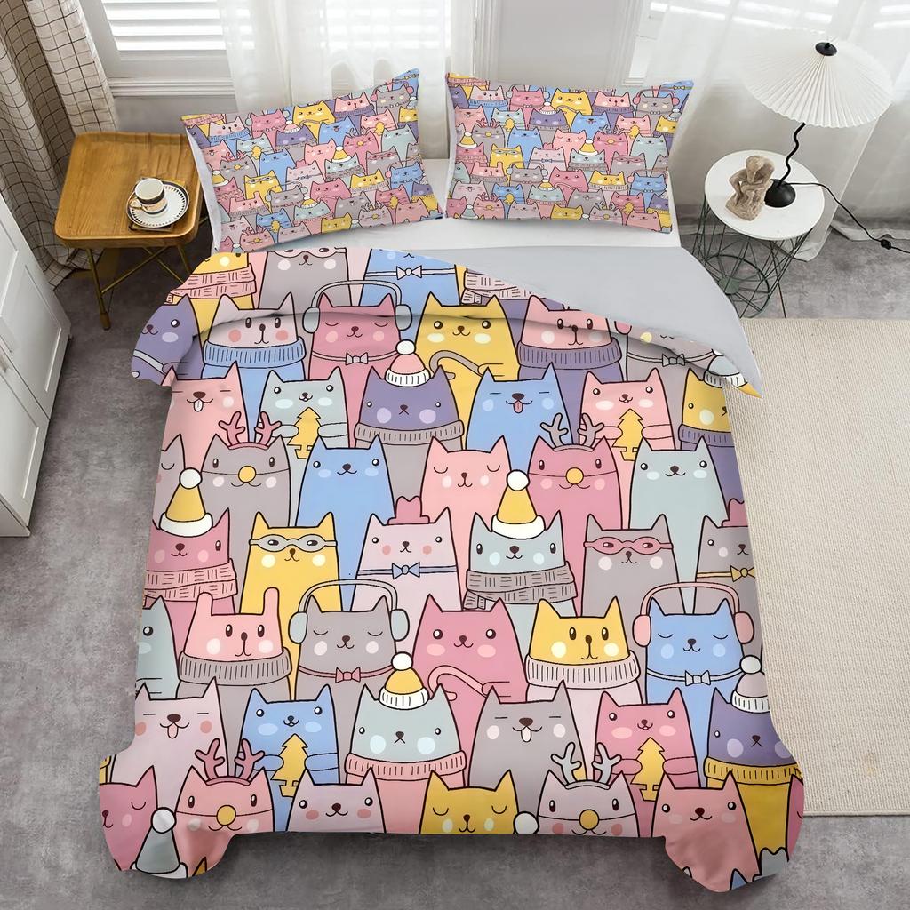 Cartoon Cats 3D Printed Bedding Cover Cute Animal Theme Duvet Coverset  For Kids Teens Adults Polyester Quilt Cover Pillowcase