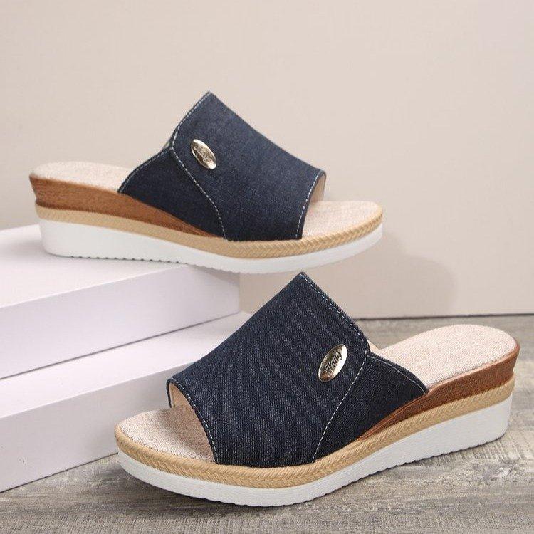 

Женская обувь, новинка 2024 года, летние модные сандалии и тапочки на мягкой подошве для наружного ношения, сандалии на покатом каблуке, большие размеры 36-43 36 темно-синий