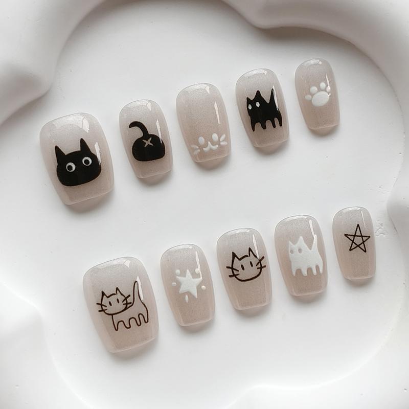 10 Pcs Cute Music Cat French Press On Nails With Cat Eye Star Print Reusable Fake Nail Art Stickers