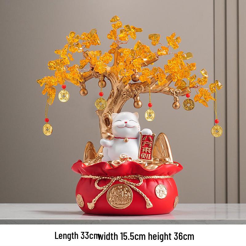 Fortune Cat Money Tree Figurine - Office, Shop, Reception & Housewarming Decoration