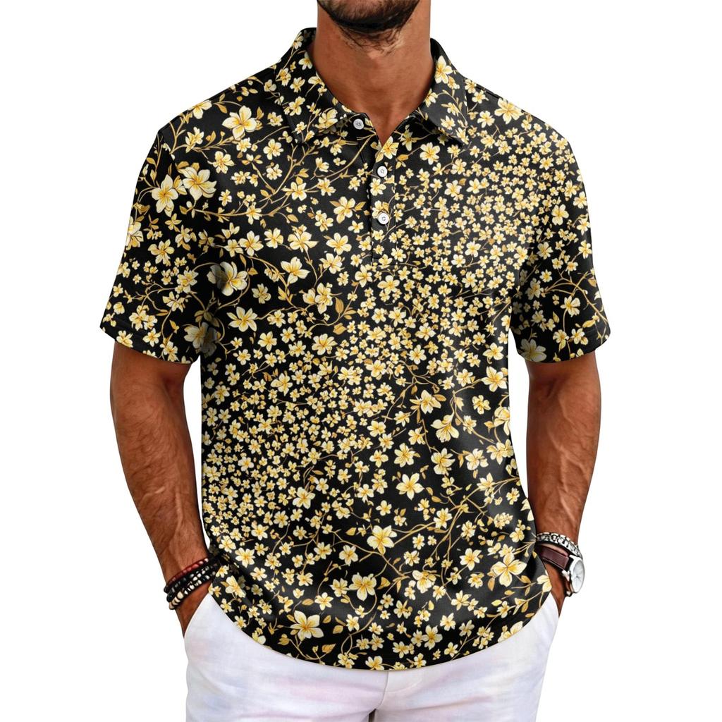 Men's Hawaiian Style Short Sleeve Polo Shirt Loose Fit Casual Top with and Geometric Print for Everyday Wear