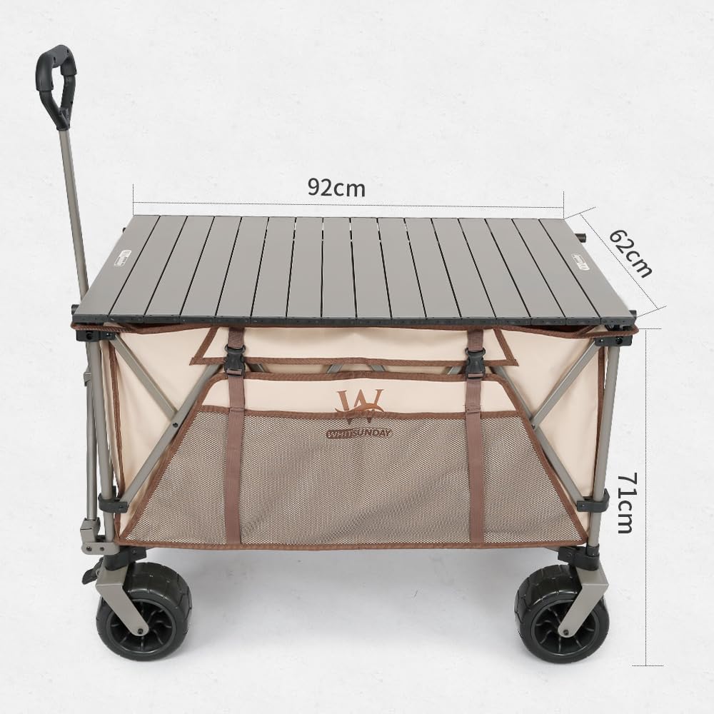 Foldable Heavy Duty Foldable Utility Camp Park Wagon Cart with Aluminum Table Plate Cree Beige - -
