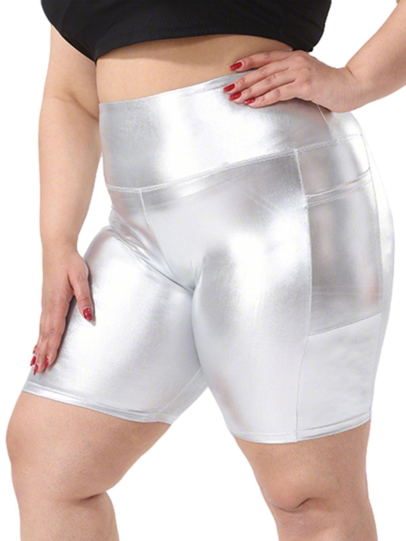 

Женские шорты большого размера с фольгированным тиснением, с высокой талией, блестящие металлические эластичные шорты с карманом 5XL