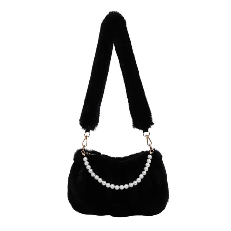 Luxury Faux Fur Underarm Bag Pearl Chain Plush Handbag Fashi Winter Shoulder Bag With Soft Fluffy Pleat Elegant Commuter Bag