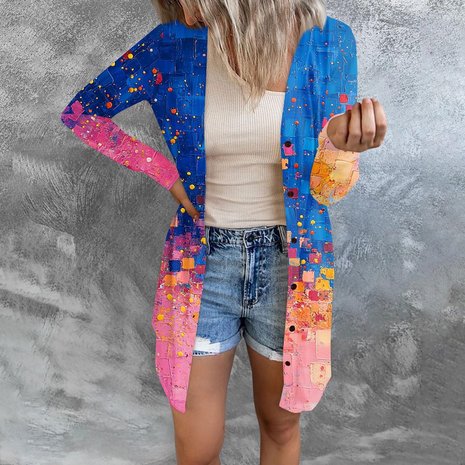 Women s Fashion Casual Long-sleeved Print Medium Length Cardigan Button Jacket Coat XXXL синий