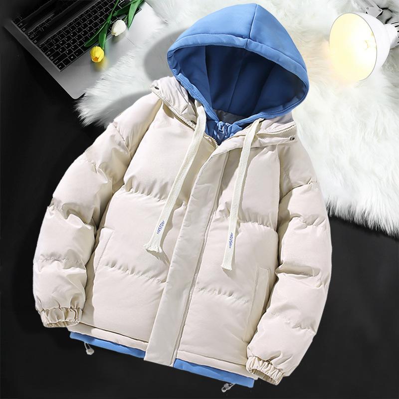 Fashion brand fake two-piece cotton coat for men and women, autumn and winter trendy loose casual thickened warm cotton coat hooded jacket