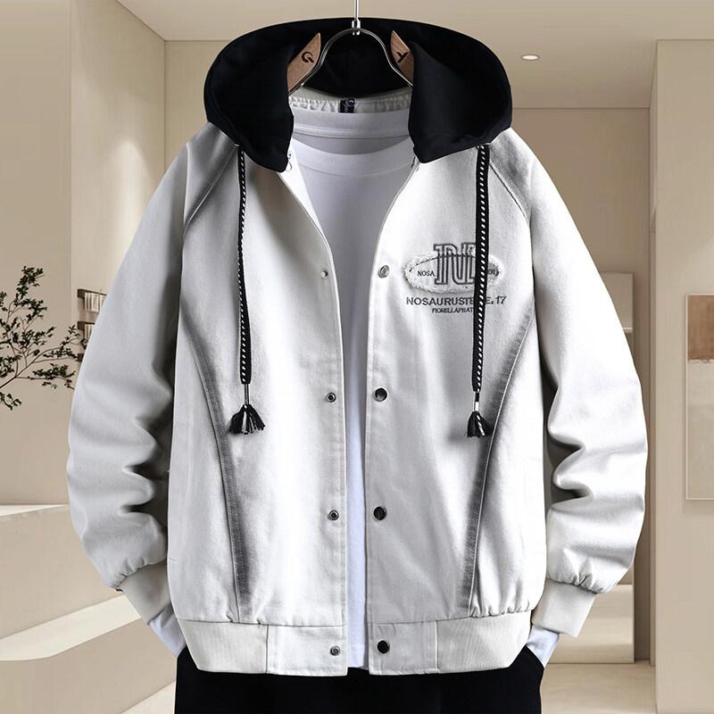 

Весенняя новая джинсовая куртка для мужчин свободного кроя с капюшоном, вышивкой, имитацией двух частей, красивая подростковая куртка M белый