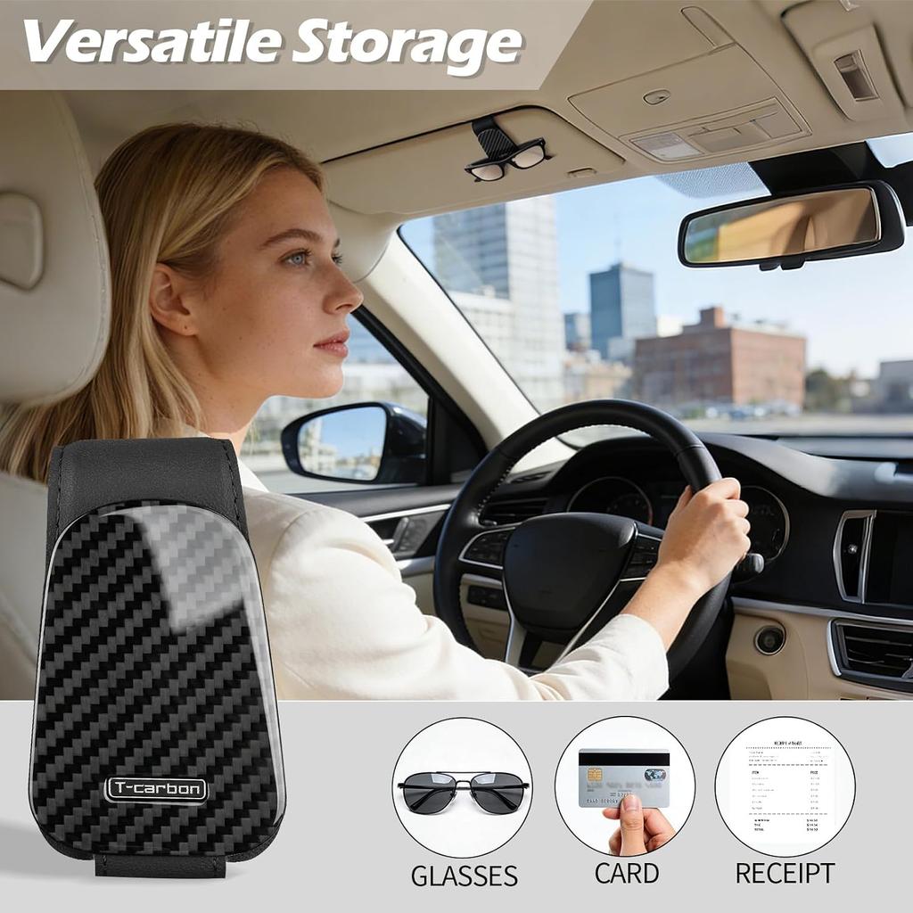 T-carbon Sunglass Holder for Car Sun Visor | Magnetic Leather Glasses Holder,Carbon Fiber Sunglasses Holder and Ticket Card Clip,Car Accessories