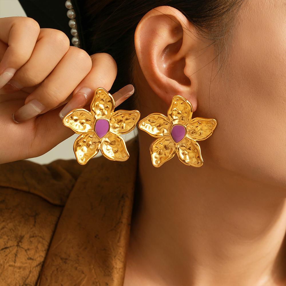 Stil Goldene Karstblumen-Ohrringe Übertriebenes Retro-Design 18K Echtvergoldeter Edelstahl Öltropfen-Ohrringe Damen