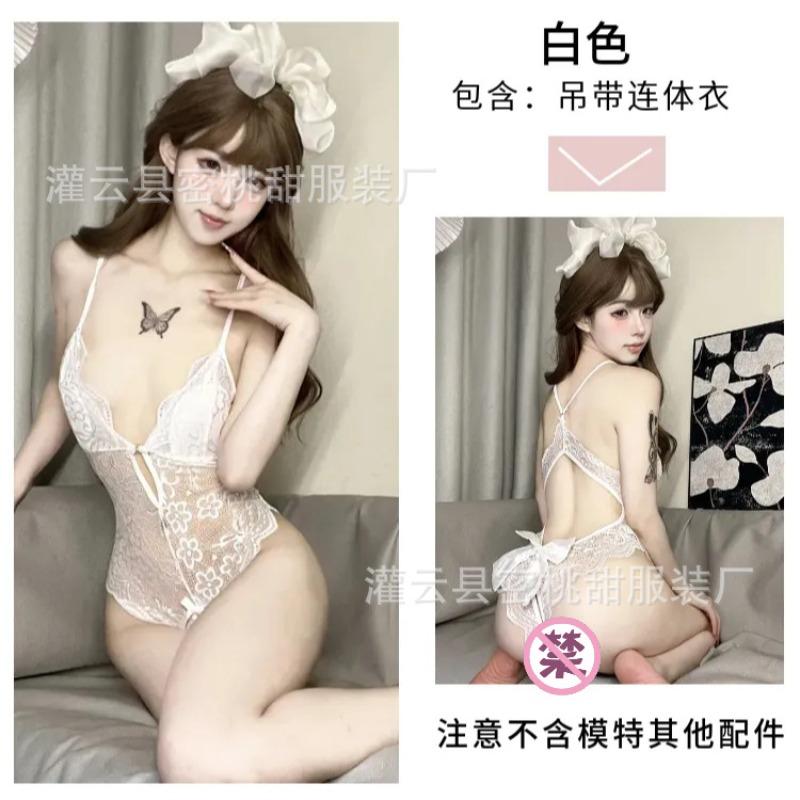 Sexy lingerie women's hot deep V suspender onesie sexy lace perspective open pajamas uniform seduction