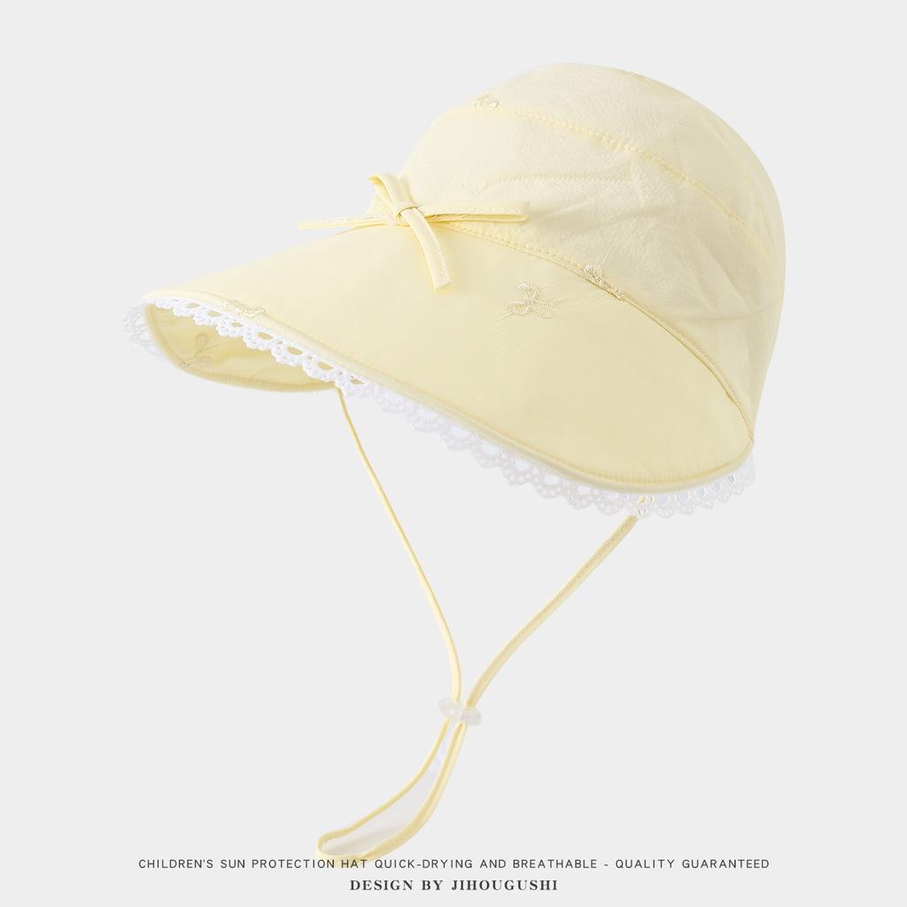 Princess Lace Trim Empty Top Hat for 3-8 Years Old Girls Spring Summer Sun Protection Cotton Linen Cord Fisherman Hat