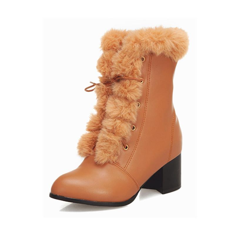 Fashion 2025 Autumn Winter Fur Women Ankle Boots Quality Solid Lace-up Ladies Shoes Fashion Square High Heels Boats Botines Mujer 33